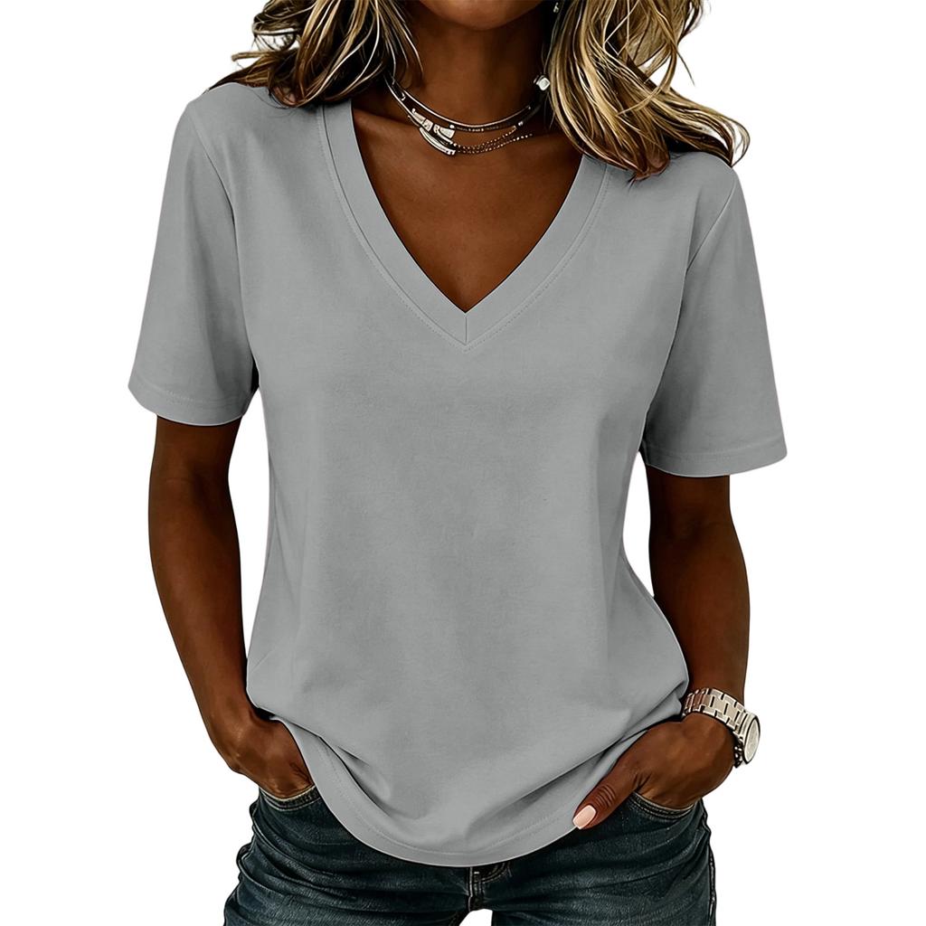 Camiseta Básica de Manga Curta com Gola V Casual Feminina Top Liso Confortável Caimento Solto Tecido Leve e Macio