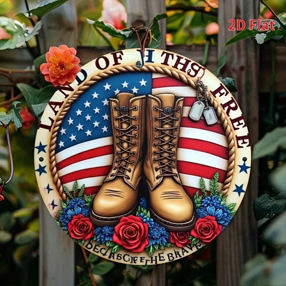 Funny Patriotic Metal Plaque, Land Of The Free Aluminum Sign With Boots & Flags, Ironic 2D Flat Yard Decor For Home Patio, 7.87x