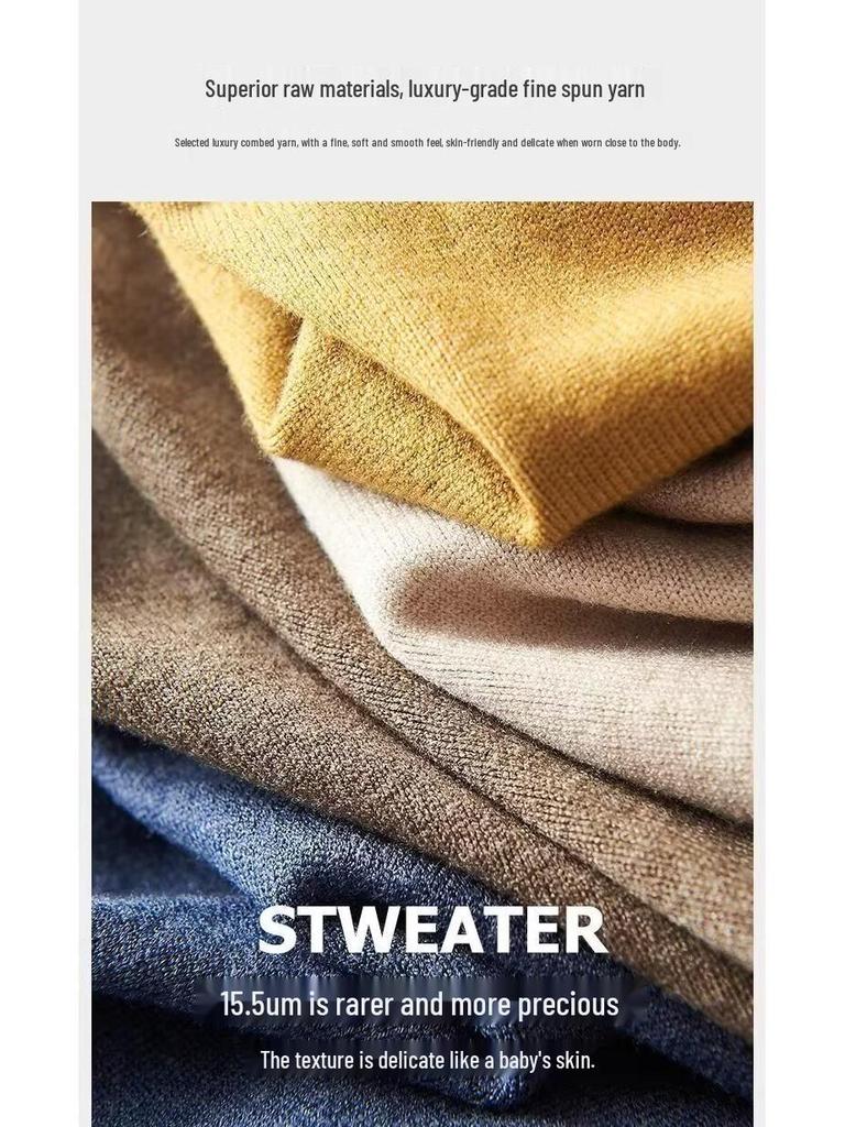 Men's Solid Color Wool Knit Sweater - Half-High Neck, Warm, Trendy Autumn/Winter Base Layer