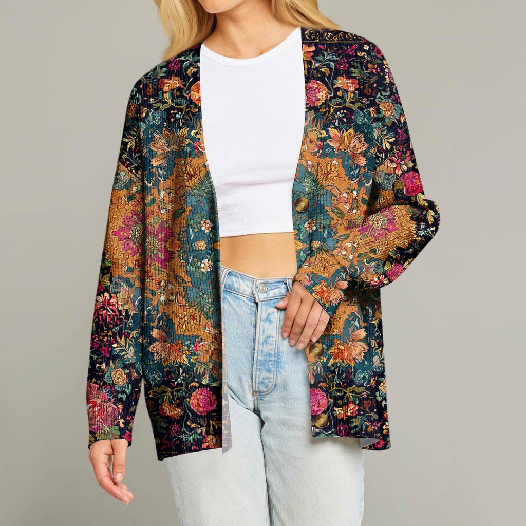 Women's Fashion Long Sleeve Christmas Print V-Neck Button Loose Cardigan Top