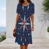 Women Plus Size White Round Neck Short Sleeve Star Printed A Line Midi Dress