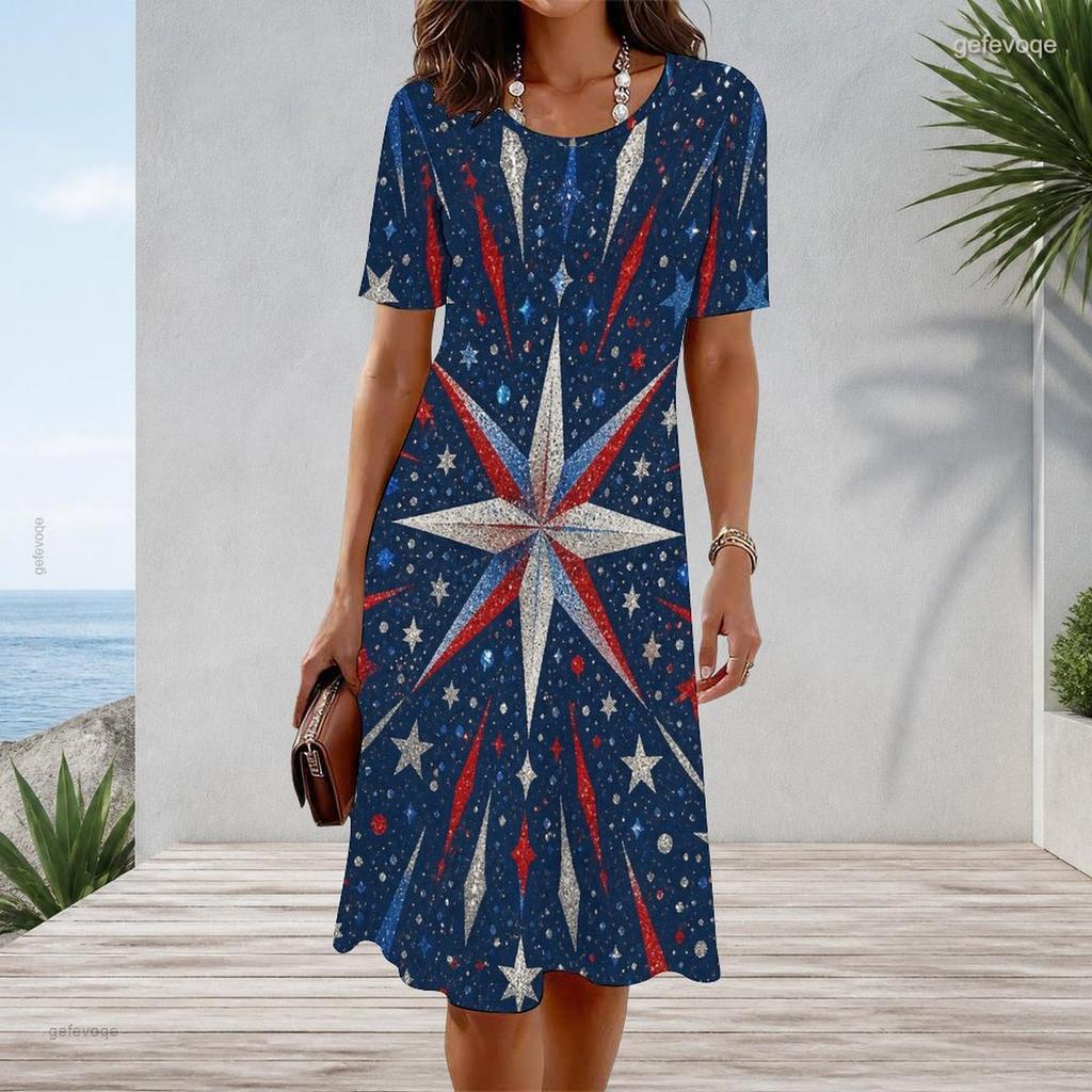 Women Plus Size White Round Neck Short Sleeve Star Printed A Line Midi Dress