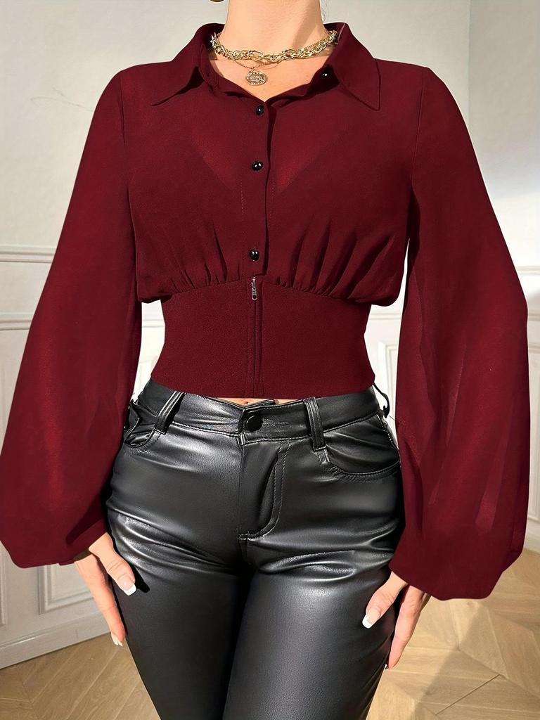Elegant Lantern Sleeve Women's Solid Color Shirt