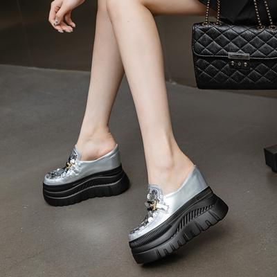 12cm Genuine Leather Spring Women Bling Sandals Women Comfortable Shoes High Brand Casual Platform Wedge Slippers Summer