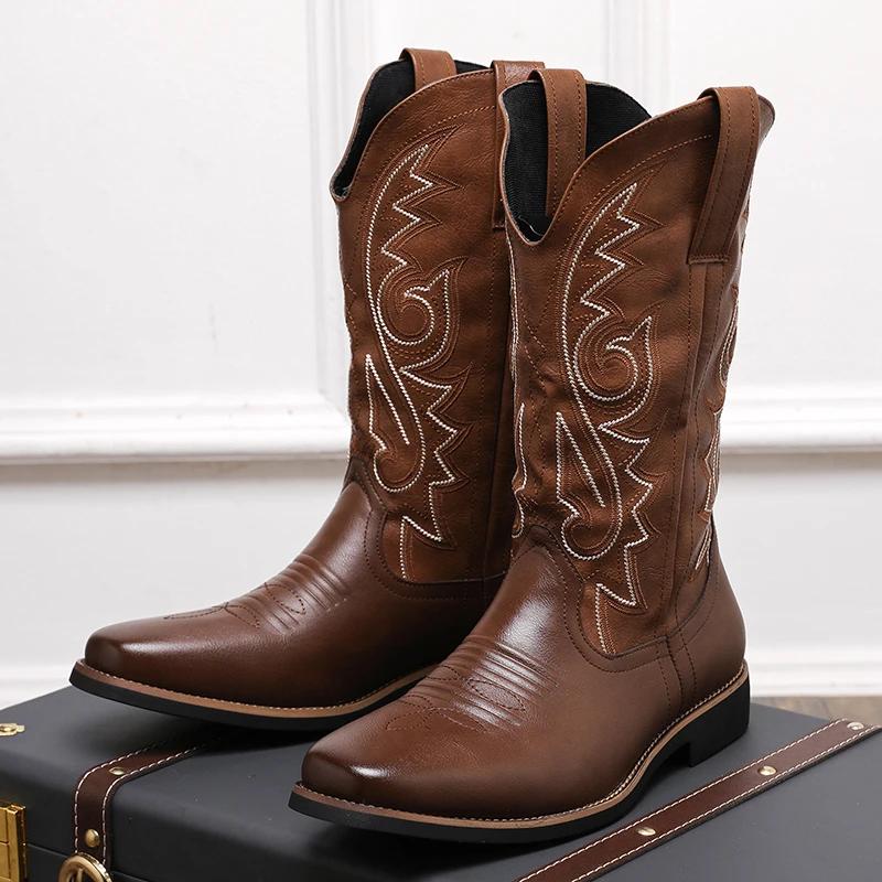 New Slip on Men Riding Boots Handmade Men Cowboy Boots Embroidery Western Boots Pointed-toe Mid-calf Male Boot Botas Para Hombre