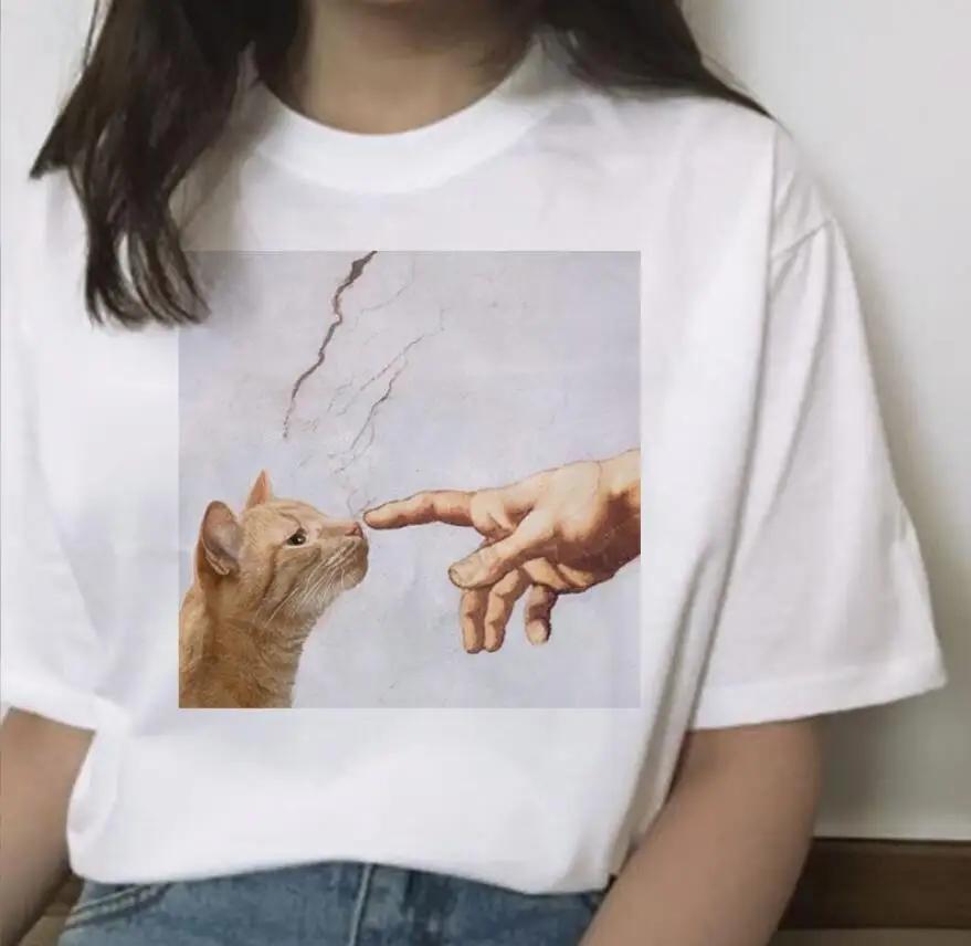 Oil Painting Cat Women's Fashion Personality Spoof Classic Oil Painting T-shirt Women Clothing Tops Harajuku Aesthetic Oversized