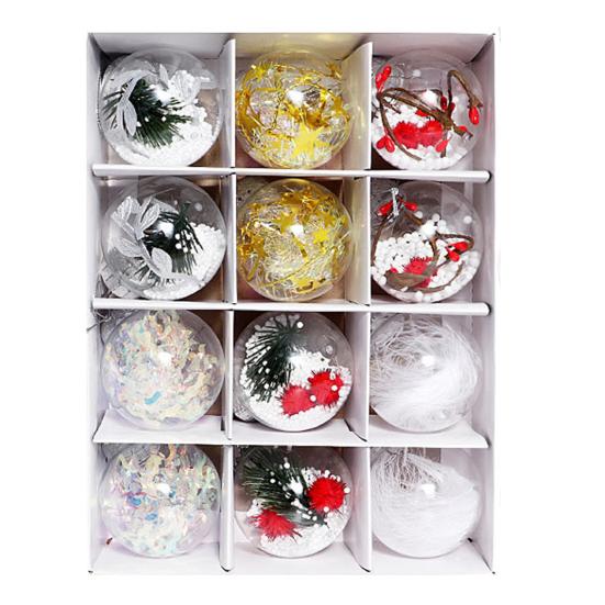 12 Pcs Clear Christmas Ball Ornaments 2.36" Shatterproof Plastic Hanging Xmas Tree Baubles Set with Stuffed Decorations for Holiday Party Home Decor