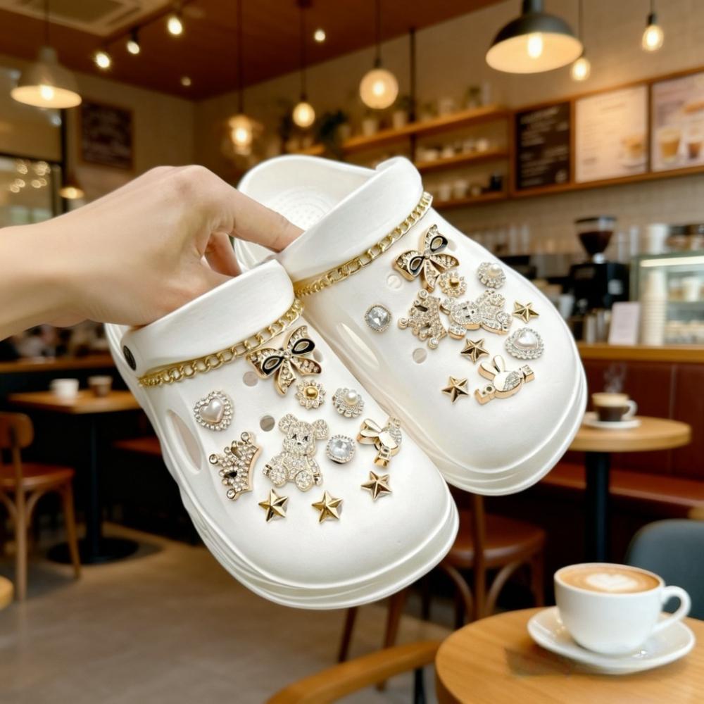 24PCS Luxury Design Shoe Charms Set Accessories for Clogs Shoe Buckle Gold Plated Bear Rhinestone Bow Chain DIY Shoes Decoration