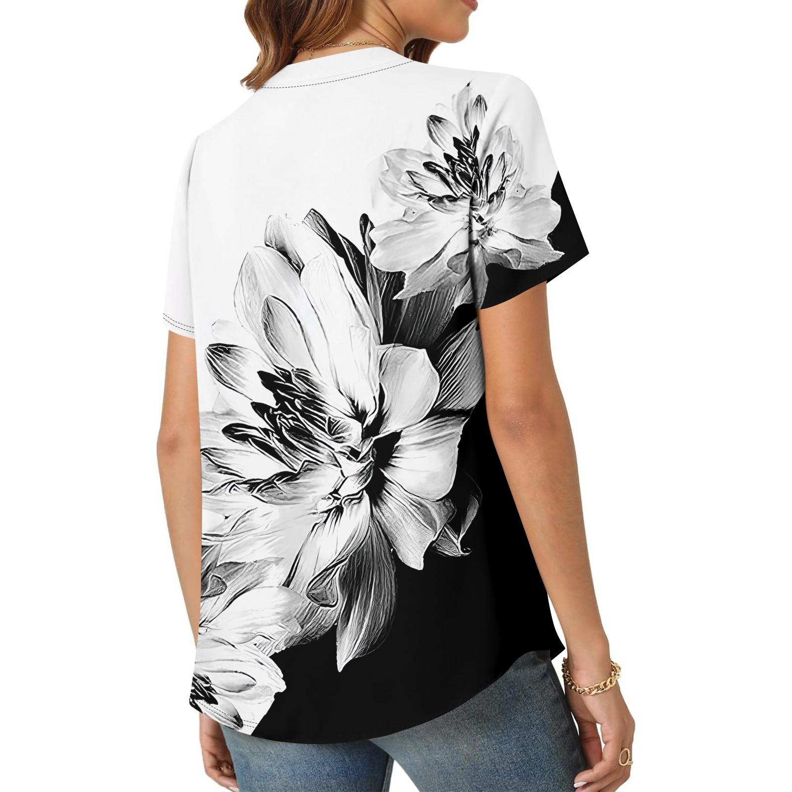 Женская повседневная свободная футболка с коротким рукавом и v-образным вырезом на груди — фото 10