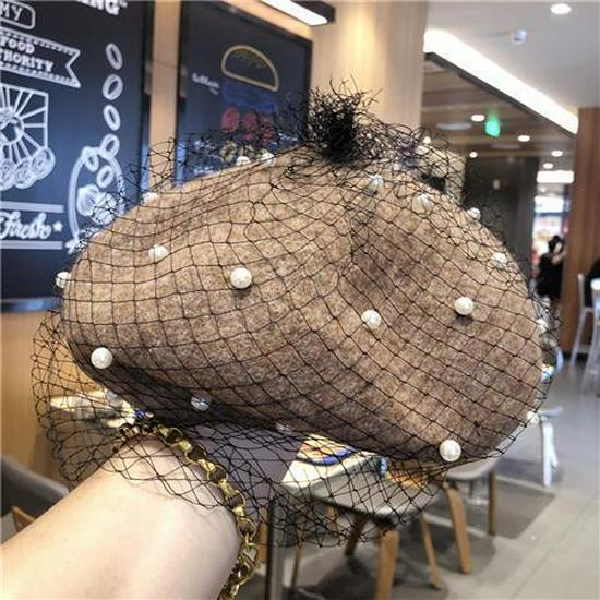 

Шерстяной фетровый берет с жемчугом и сеткой - Женская ретро шляпа художника в британском стиле, дизайн в корейском стиле тыква для осени и зимы. M (56-58cm)