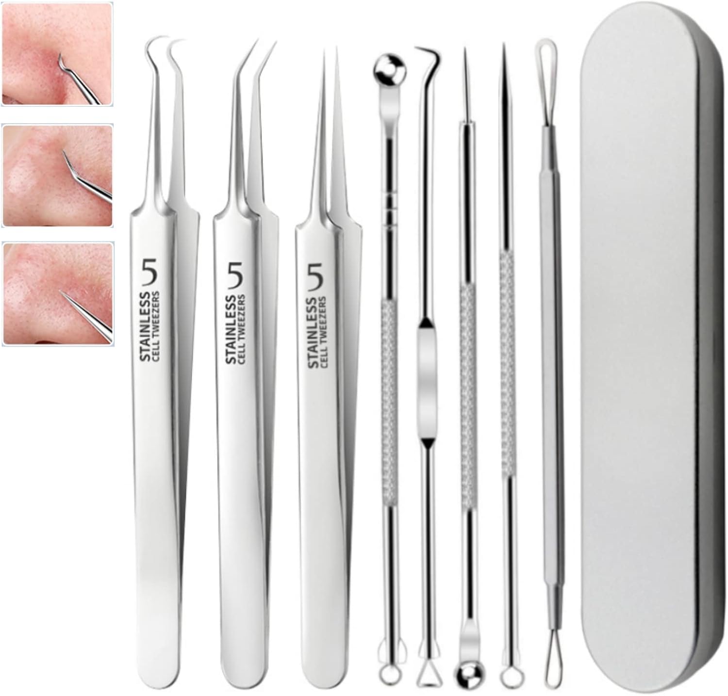 

Precision Tweezers Comedo Extractor Storage for Strawberry and Pore for Precision Work 8-Piece Set, 0.01mm Tip, (with Case), Blackheads, Nose,