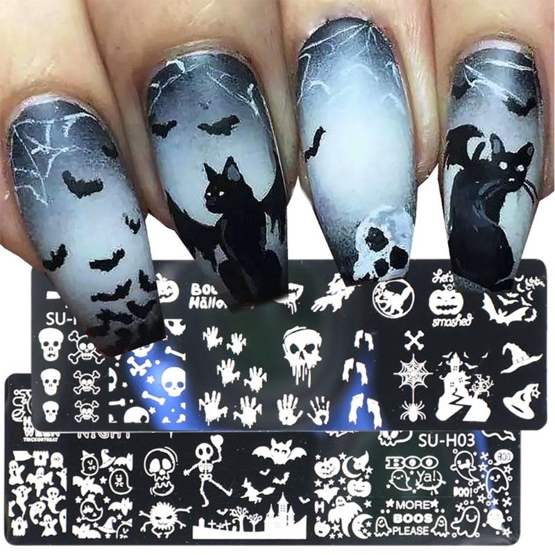 Nail Art Stamping Plates Stainless Steel Brush Pumpkin Bats for Image Halloween