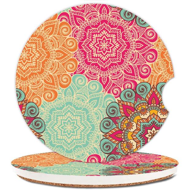 Absorbent Car Cupholder Coaster 2 Pack, Cute Car Coasters with a Finger Notch for Women & Men,2.56" Ceramic Stone & Non-Scratch Cork Base Drink