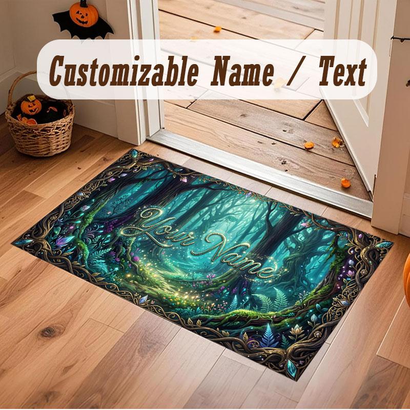 Mushroom Forest Theme Crystal Velvet Floor Rug Personalized Custom Name Text Warm Carpet Home Decoration