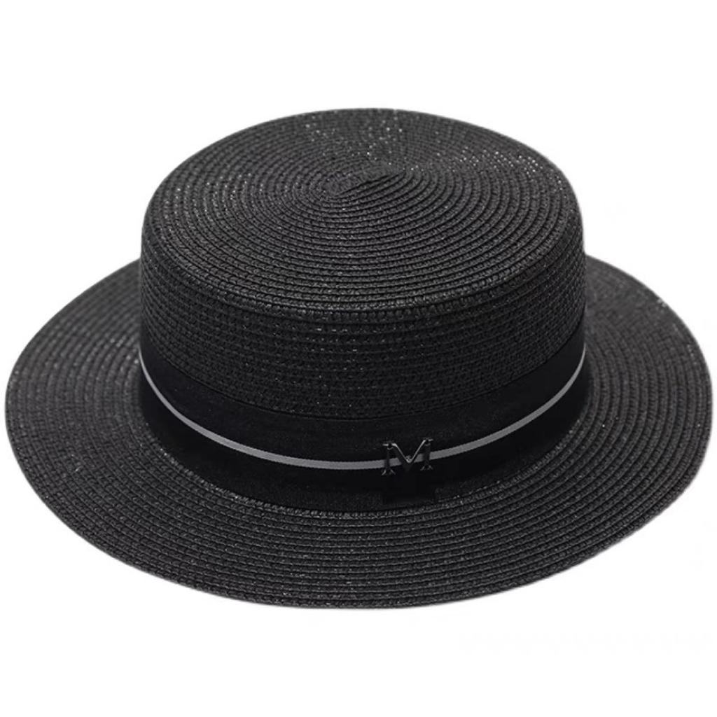Hat Women's Summer British Flat Top Hat Seaside Shade Sun Protection Beach Straw Hat Fashion Flat Brim Casual Hat