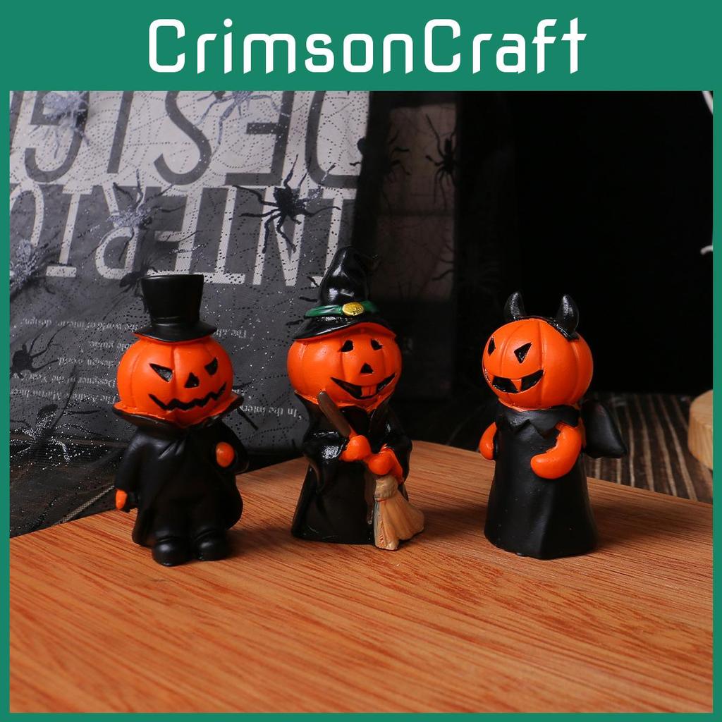 Resin Material Halloween Demon Miniature Figures Decor Set With Pumpkin Broom