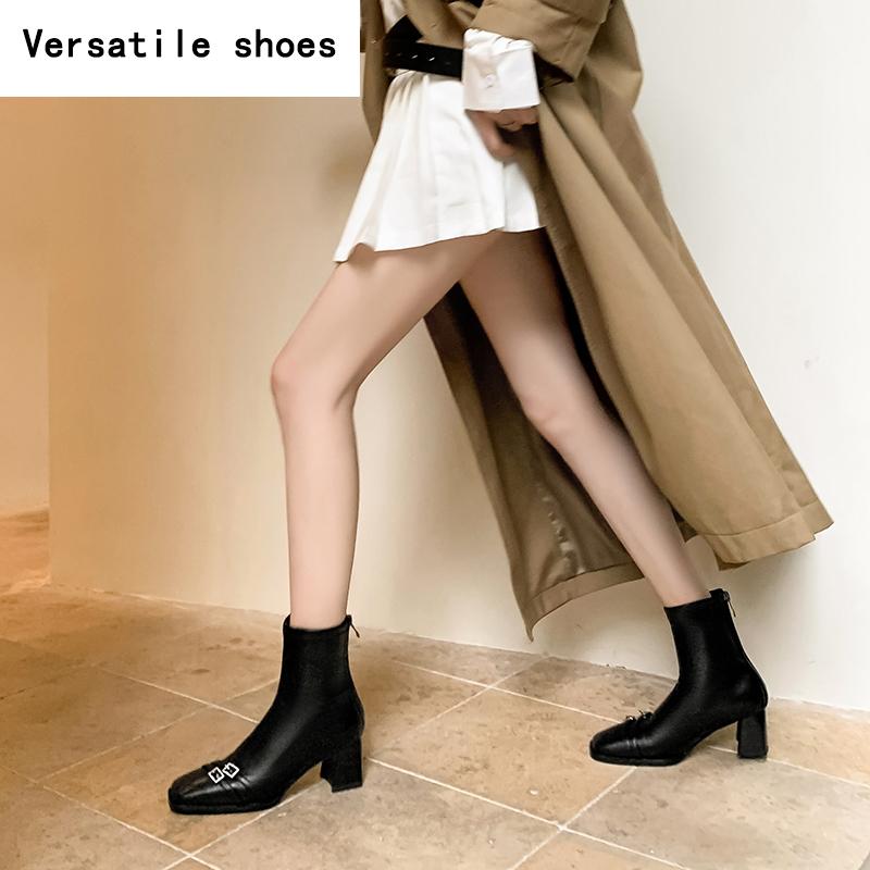 Thick Heel Ankle Boots Women Street Style Slim Square Toe Zipper Autumn Winter Rhinestone Ladies Shoes