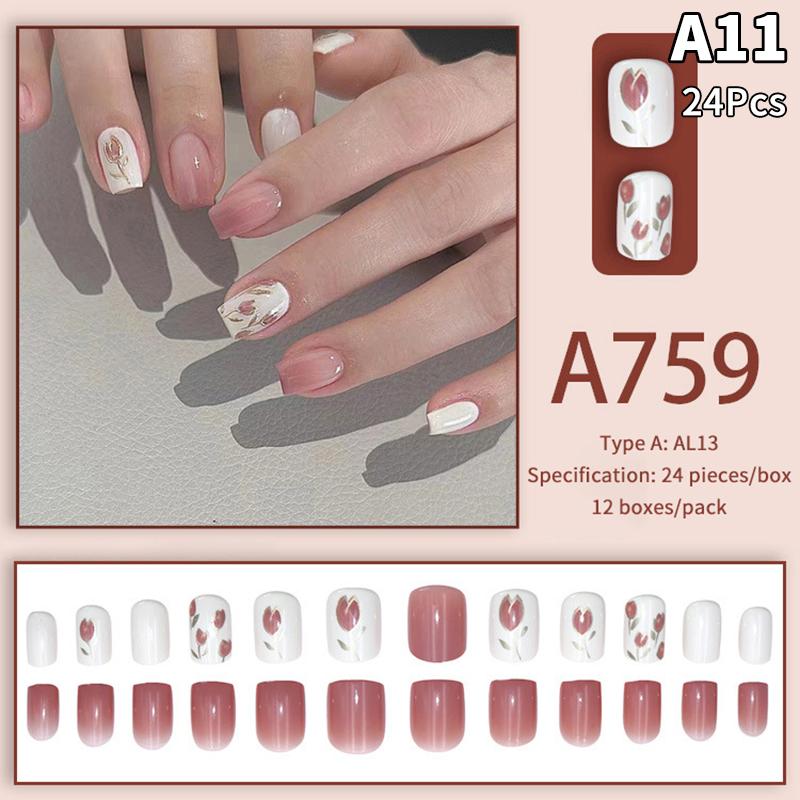 24Pcs French Multiple Styles Fake Nails Press On Nails Gel On Painted Reusable Fast Wearable Nail Tips Detachable Full Finished