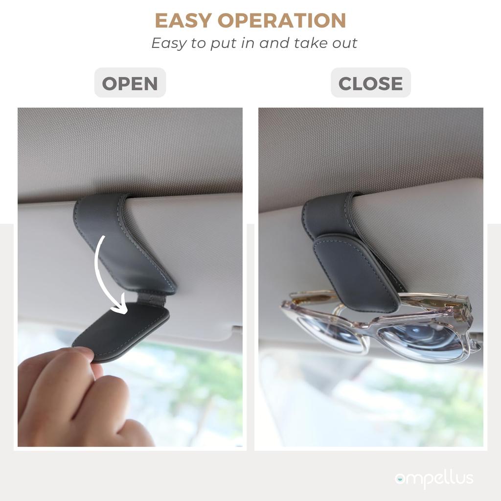 Ompellus Magnetic Leather Sunglasses Holder Eyeglass Hanger Clip for Car Sun Visor Suitable for Different Size Eyeglasses (Beige, 2 Pack)