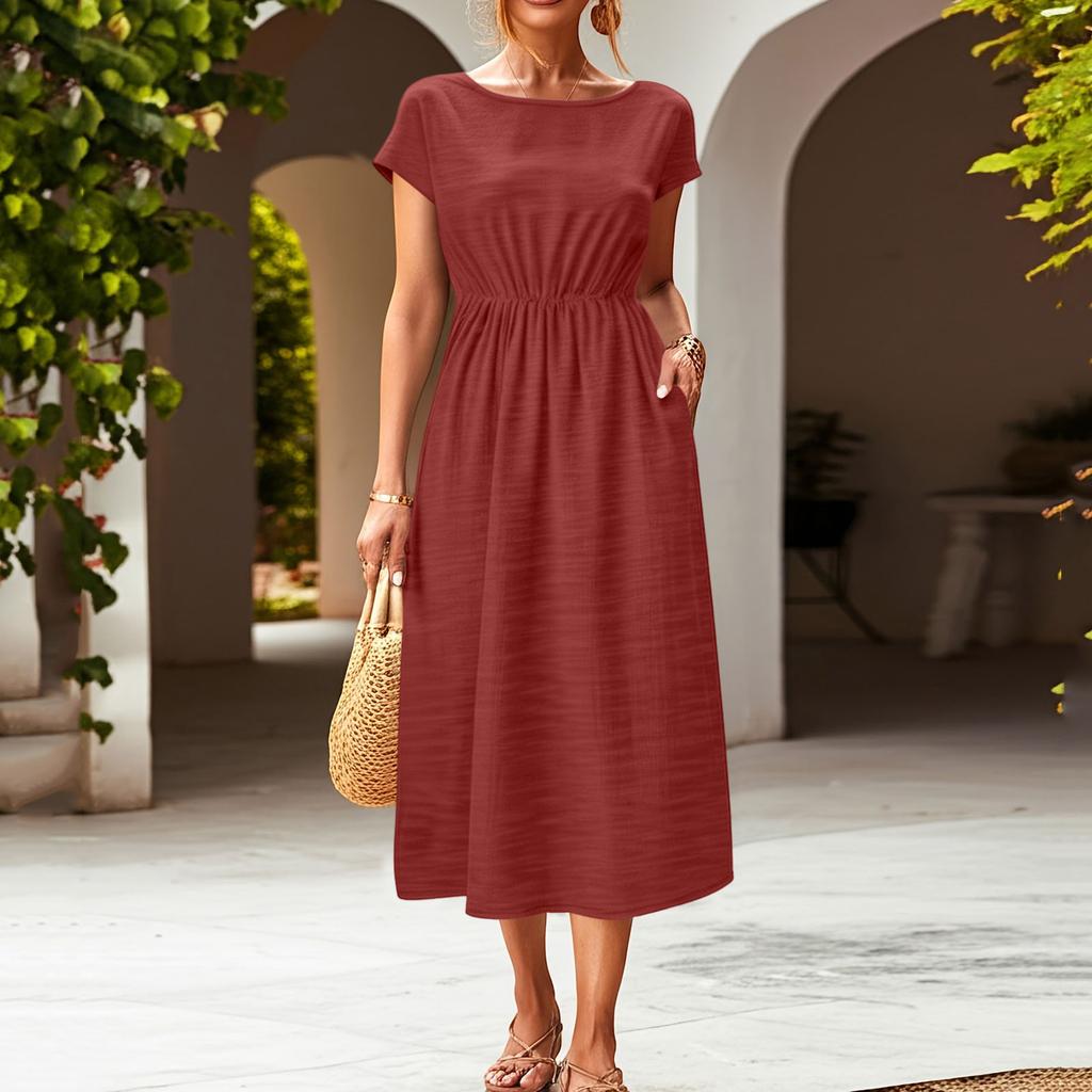 Women Short Sleeve Crew Neck Pocket Waist Cinched Loose Fit Casual Midi Dress for Everyday Wear Work Vacation