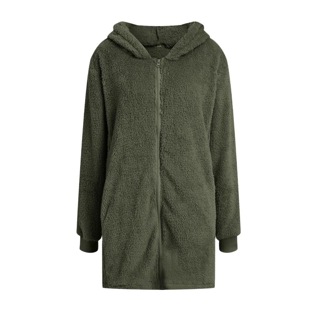 2024 European Winter Women's Long Sleeve Hooded Plush Zipper Cardigan Coat