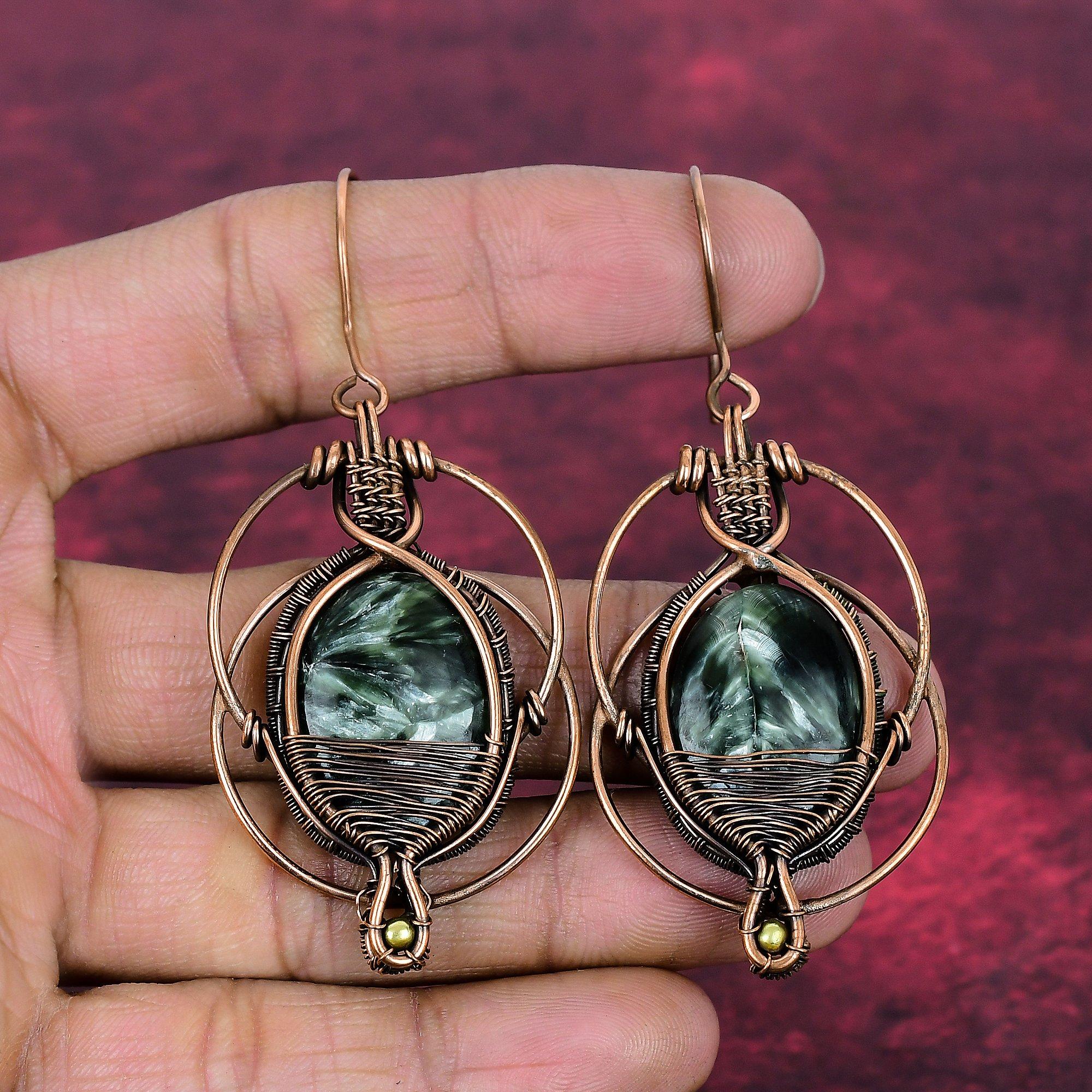 Seraphinite Gemstone Earrings Copper Wire Wrapped Drop Earring Handmade Jewelry