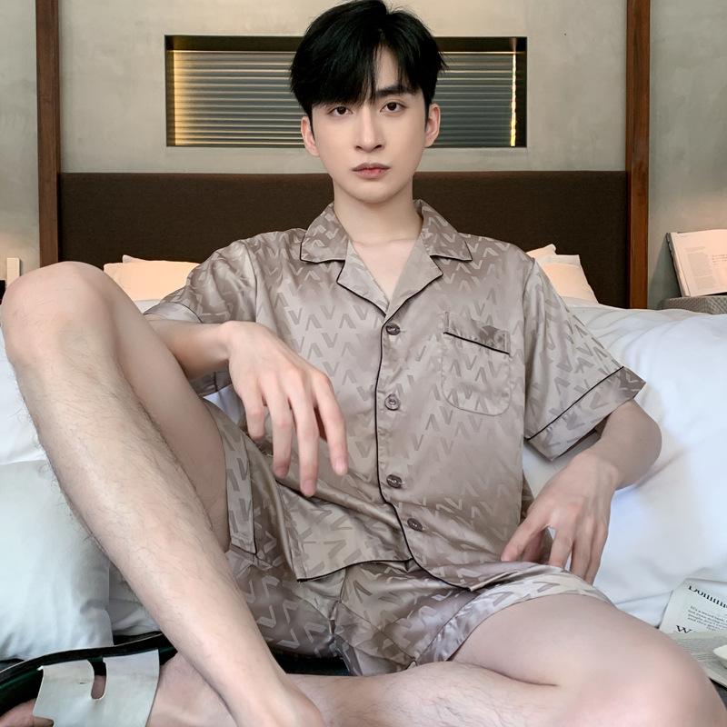 Jacquard Pajamas Suit Men Summer Ice Silk Shorts Sleepwear Set Thin Satin Loungewear Male Night Clothing