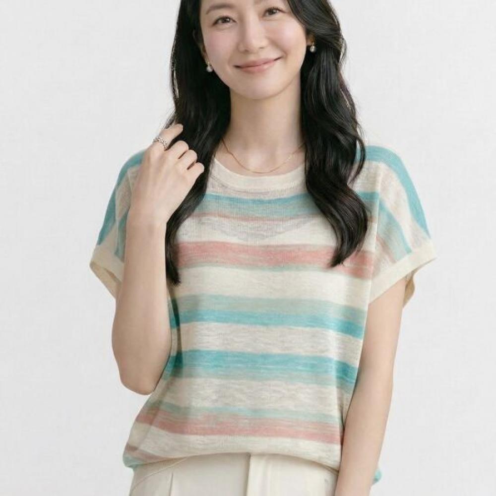 Navava Women Casual Stripe Color Block Cap Sleeve Knit Top Nk3640