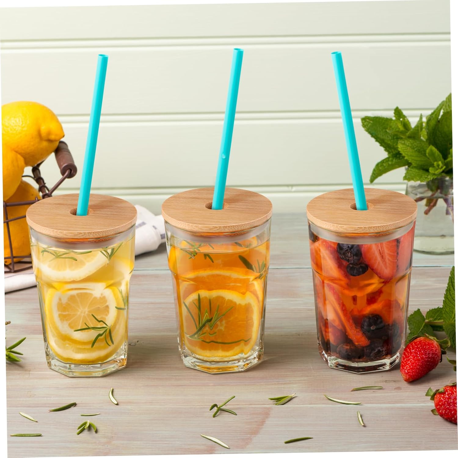 DOITOOL 8pcs Bamboo Jar Lids with Straw Hole Reusable Bamboo Jar Lids for Regular Mouth Mason Jar 70MM