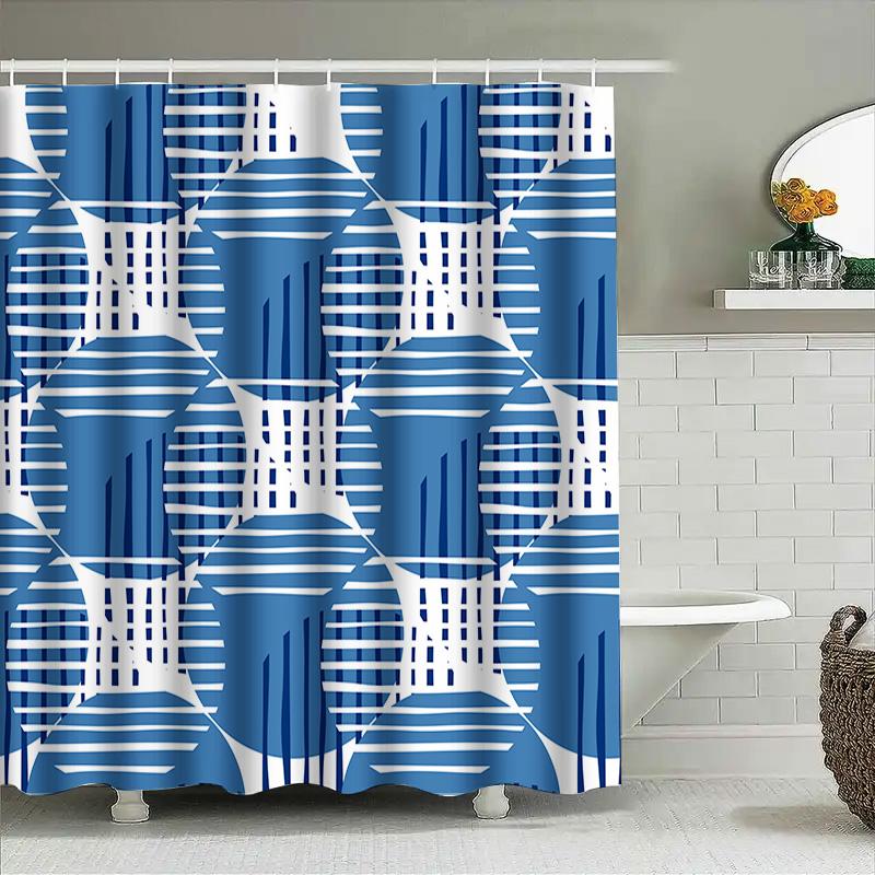 Blue And White Bath Curtains Modern Stripes Pattern Bathroom Shower Curtain Waterproof Decor 72X84 Inches Blue White Set (1)