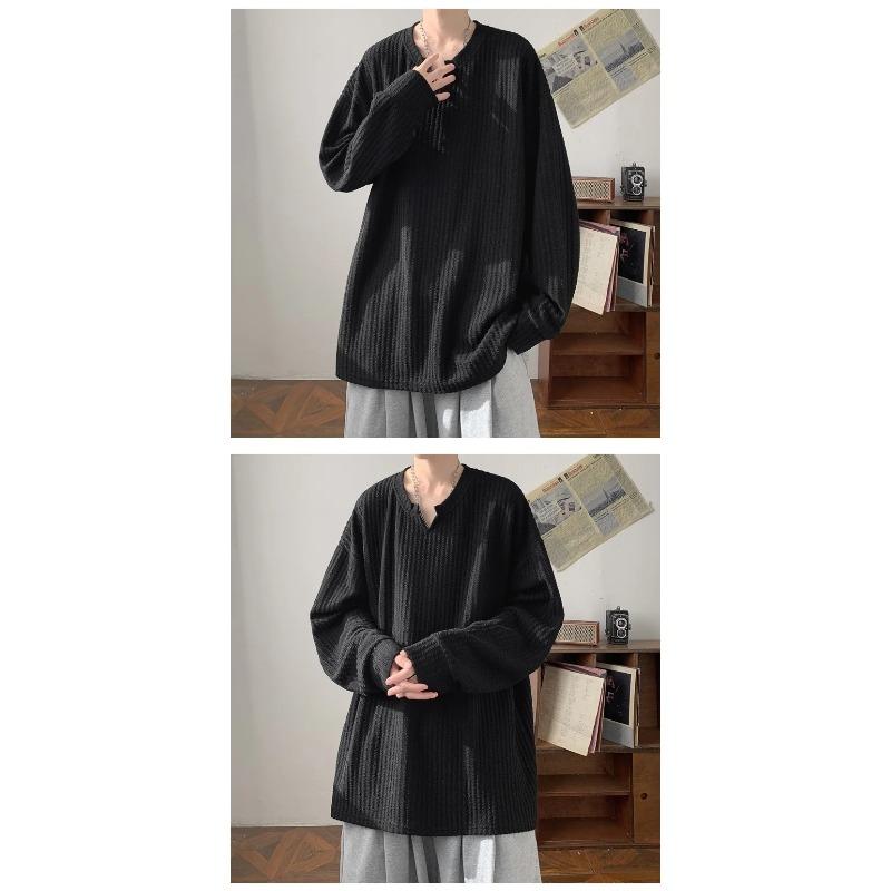 Autumn Korean Streetwear T Shirt Men Fashion Hip Hop Baggy Casual Solid Color Loose Long Sleeve Tees