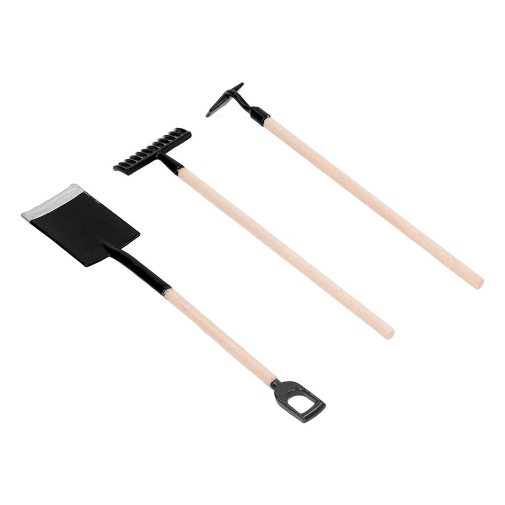 1:12 Scale Miniature Garden Hand Tools Alloy Wooden Dollhouse Rake Zen Shovel Model for Decoration
