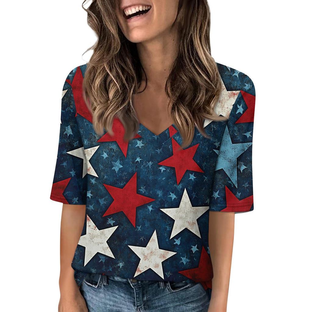 Women's V Neck T Shirts Half Sleeve Tops Printed Casual Summer Tees T Shirt Blouse