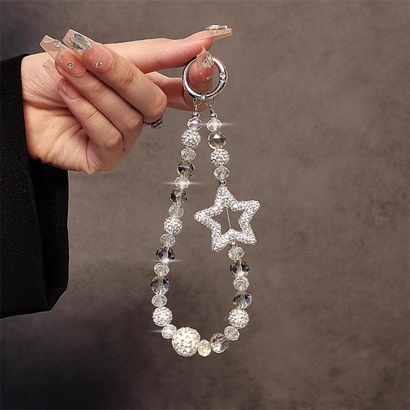 Luxury Flash Diamond Star Bead Mobile Phone Lanyard Wrist Strap Lady Hand-held Chain Short Anti-lost Cell Phone Cute Key Pendant