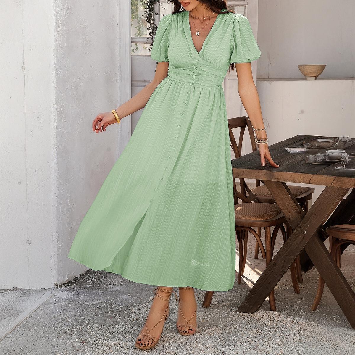 

Весенне-летние женские повседневные платья для поездок на работу и отдыха в праздничном стиле с V-образным вырезом, высокой талией и короткими рукавами с разрезом S зелёный