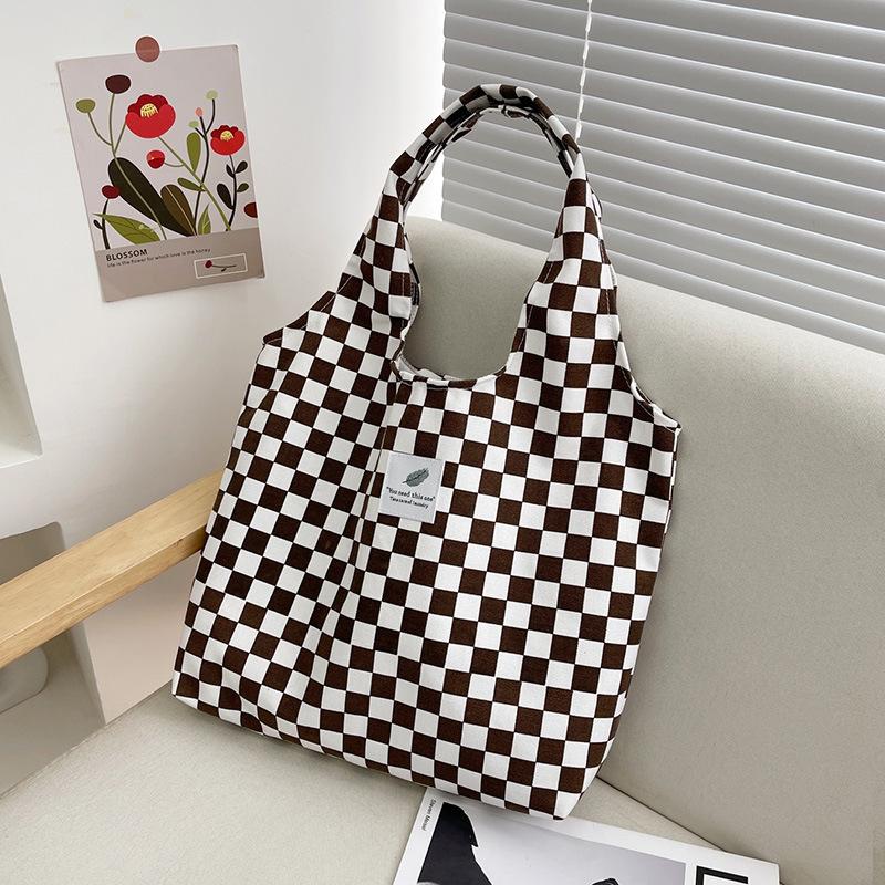 

Новая холщовая сумка через плечо, портативная, большой вместимости, летняя женская сумка, простая клетчатая сумка для покупок в студенческом стиле темно-коричневого