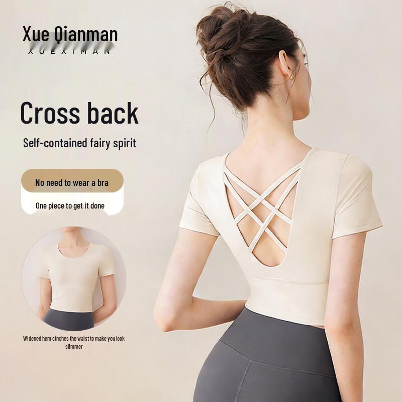 Xue Qiman Women s Quick-Dry Padded Back-Design Yoga Short Sleeve Top M
