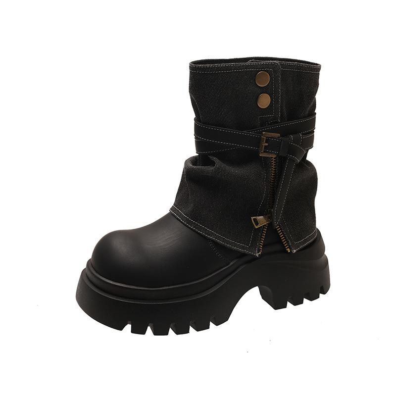 Retro British style thick-soled Martin boots women's autumn new small man taller and thinner thick-heeled knight boots