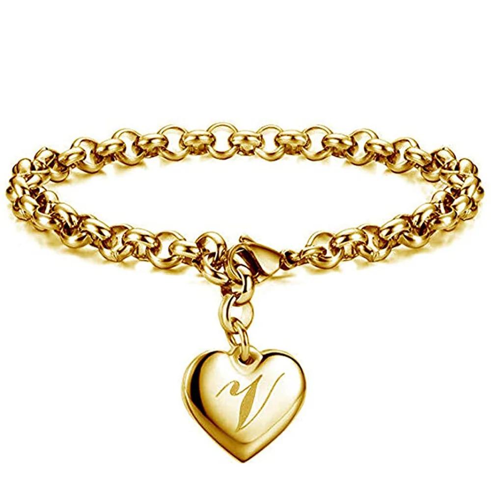 1 StückNeuer Goldfarbener Initialbuchstabe Herzanhänger Armbänder Für Frauen Edelstahl Gliederkettenarmband Mit 26 Buchstaben Graviert