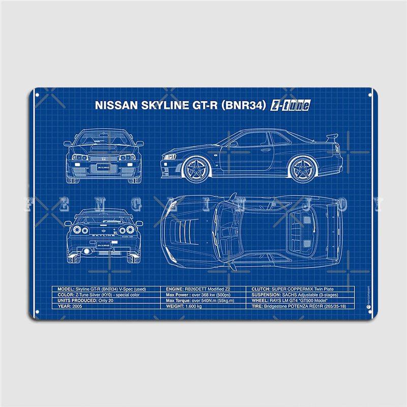 

Blueprint Skyline Gt-R R34 Z-Tune Blue Metal Plaque Poster Wall Cinema Living Room Garage Decoration Tin Sign Posters 20x30cm（7.8x11.8inch）
