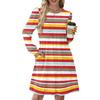 Women's Long Sleeve Pleated Round Neck Plaid Stripe Print Casual Dress With Pockets