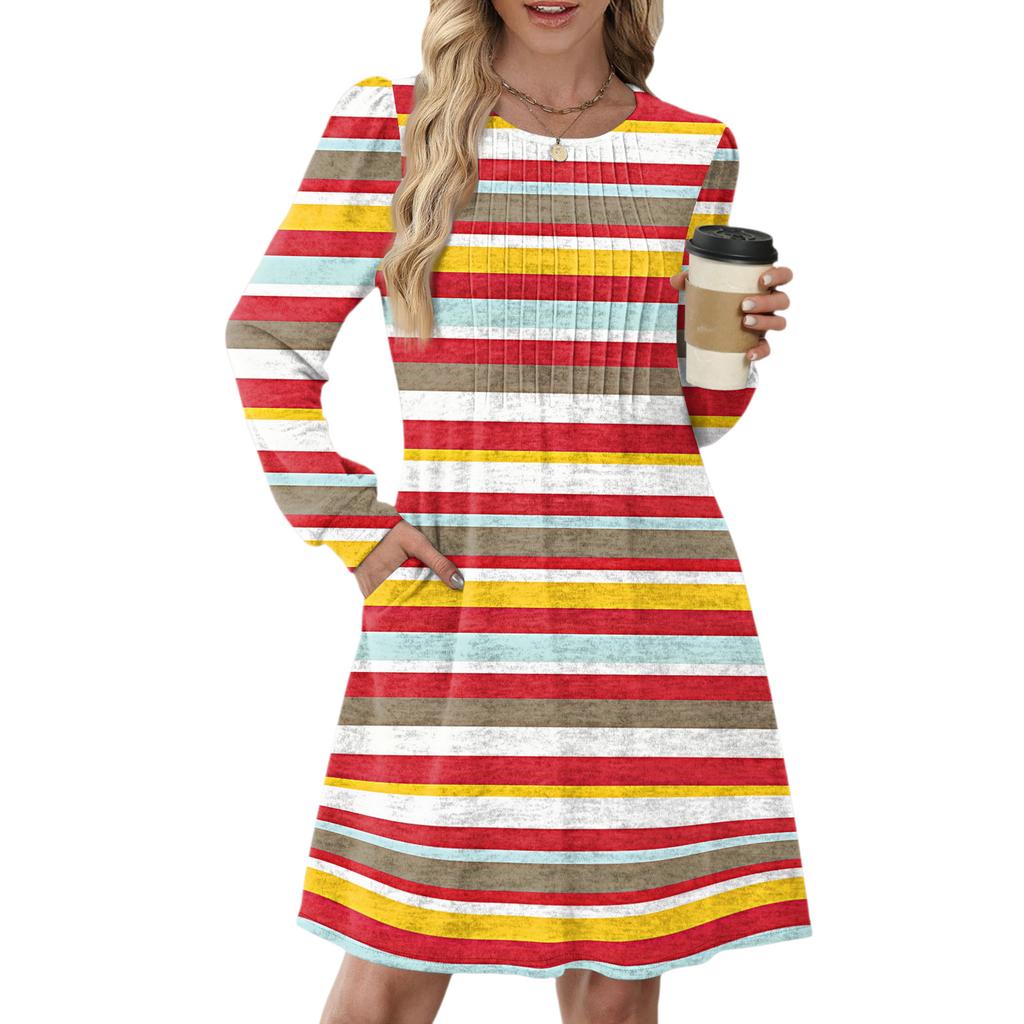 Women's Long Sleeve Pleated Round Neck Plaid Stripe Print Casual Dress With Pockets