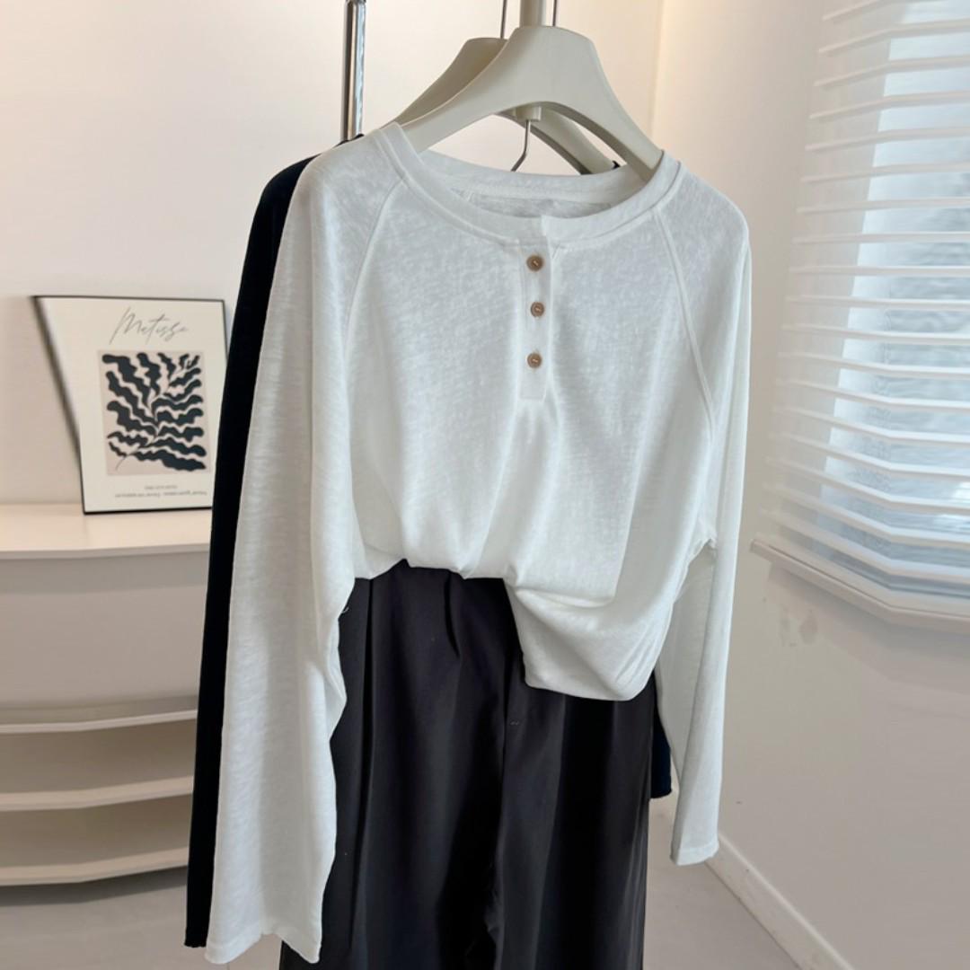 

Women s Korean Style Henley Neck Long Sleeve Linen-Feel Cotton T-Shirt, Relaxed Fit with Slimming Raglan Sleeves for Autumn. XL (110-130 jin) белый