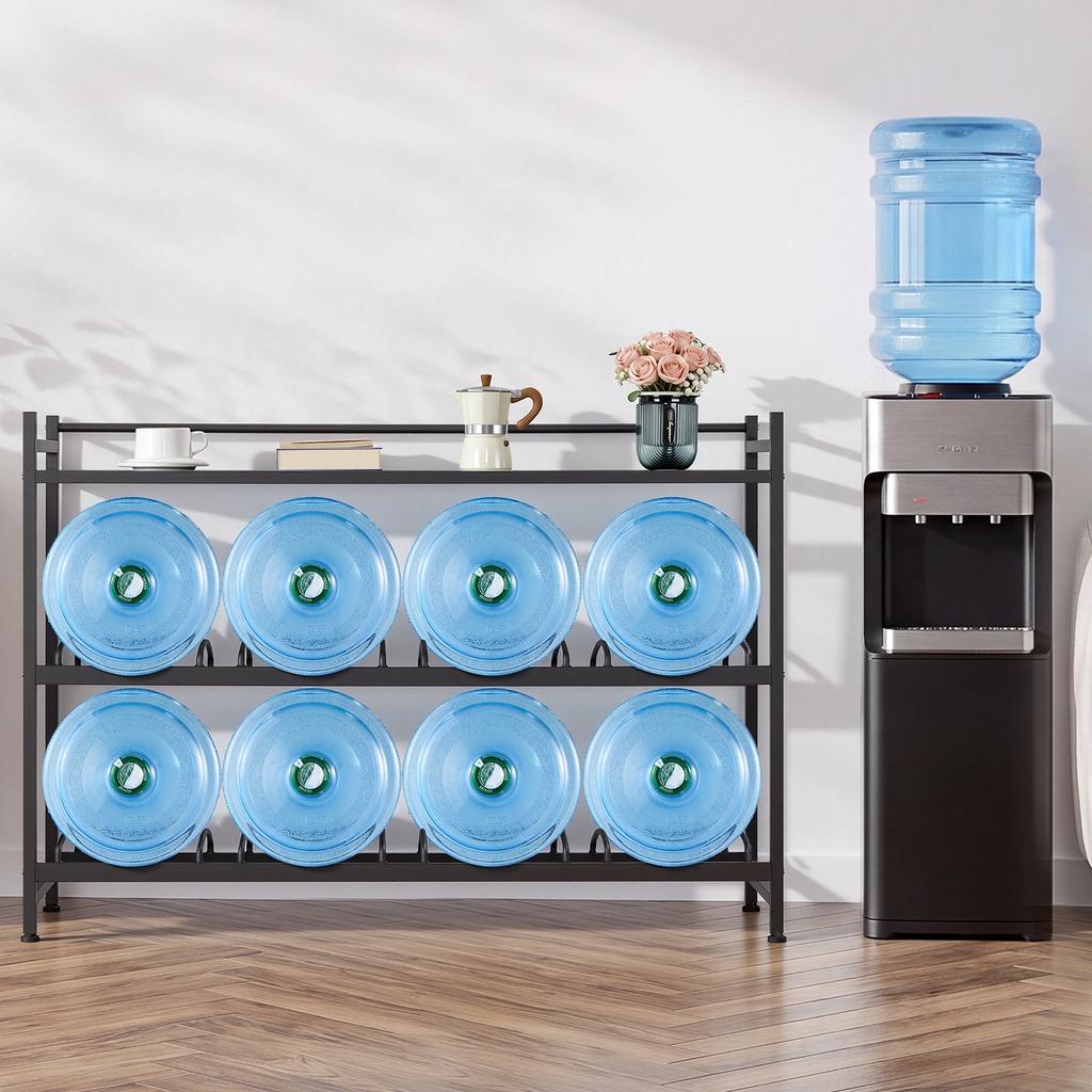 VEVOR Water Jug Holder, 3 Tiers 4 Rows 11 L and 19 L Water Bottle Holder for 8 Bottles, Heavy Duty Jug Rack Organizer with Storage Shelf