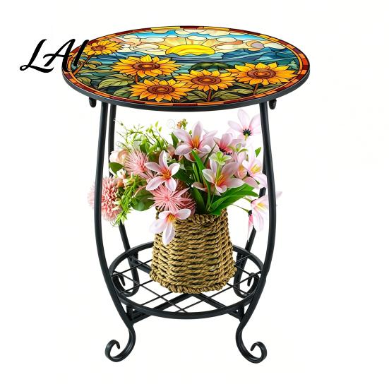 Butterfly Pattern Table Outdoor Side Table Round Small Mosaic Bird Patio Accent Indoor End Plant Coffee Tea for Yard Porch Garden Living Room,