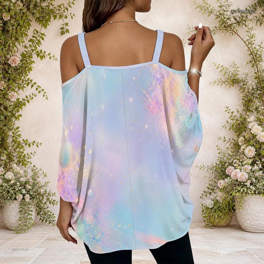 Damen Übergröße Off-Shoulder Träger mit Metallschnalle V-Ausschnitt Kurzarm Holografischer Regenbogen-Print Oberteil