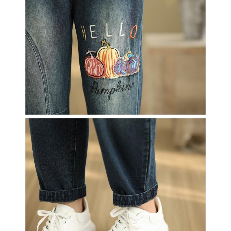 DIMANAF 2025 Sommer Übergröße Jeans Damen Elastische Basic Hose Denim Locker Haremshose Lässige Patchwork Lange Hose