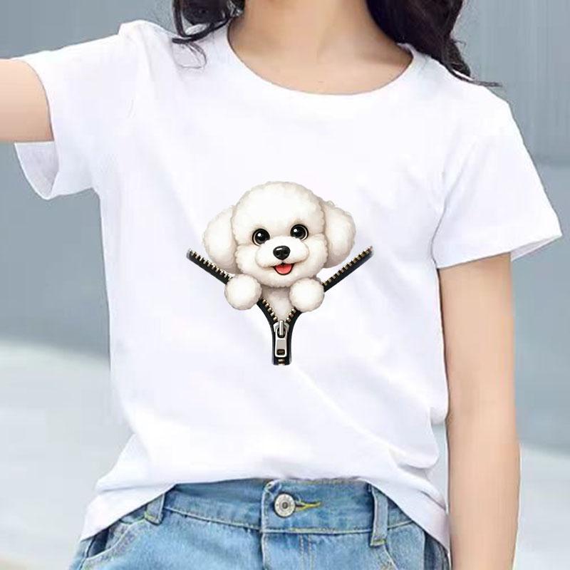 Kids Cotton T Shirt Cute Bichon Frise Puppy Dog Zipper Print Crew Neck Short Sleeve Tee Casual Boys Girls Summer Tops