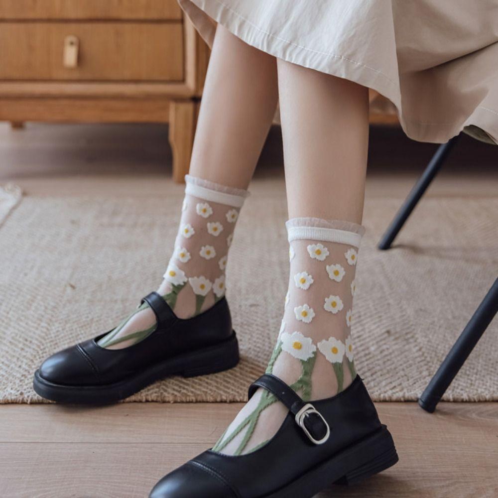 5Pairs Ins Style Transparent Flower Socks Glass Silk Sweet Socks Women Tulle Mid Tube Socks  Lady
