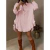 Women's Fashion Casual Spring Fall Solid Color Print Long Sleeve POLO Neck Ruffled Edge Blouses & Shirts